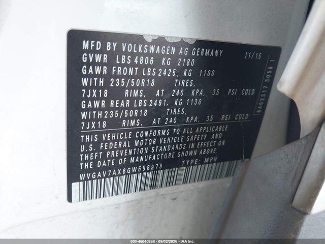 Продажа на аукционе авто 2016 Volkswagen Tiguan Se, vin: WVGAV7AX6GW558979, номер лота: 46040998