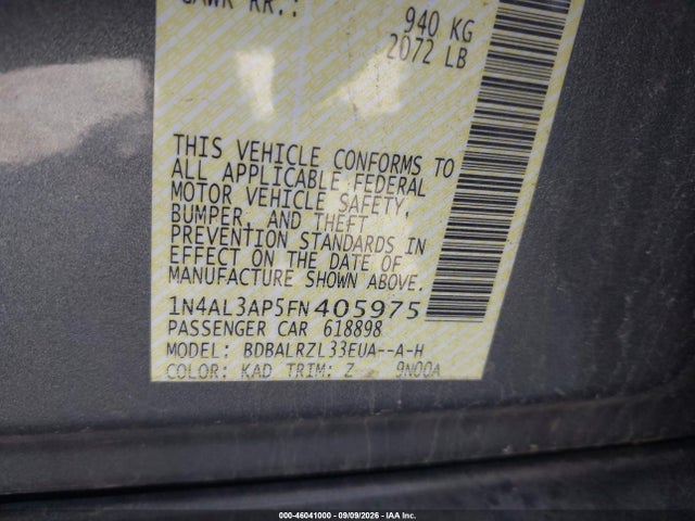 46041000 :رقم المزاد ، 1N4AL3AP5FN405975 vin ، 2015 Nissan Altima 2.5 Sl مزاد بيع