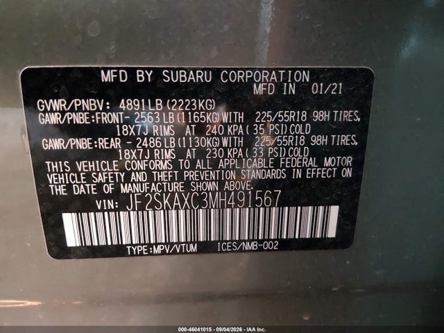 Продажа на аукционе авто 2021 Subaru Forester Touring, vin: JF2SKAXC3MH491567, номер лота: 46041015