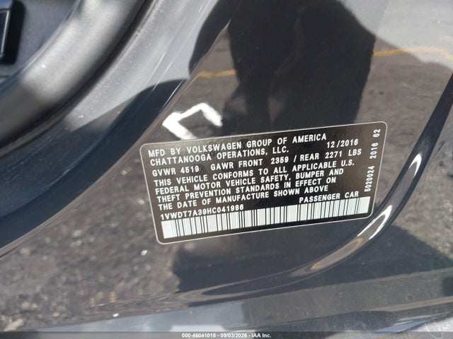 Продаж на аукціоні авто 2017 Volkswagen Passat 1.8t R-line, vin: 1VWDT7A39HC041986, номер лоту: 46041018