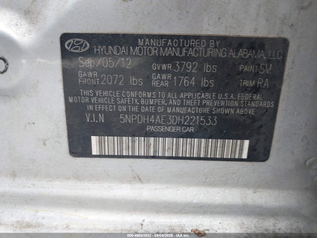 Aukcja sprzedaży 2013 Hyundai Elantra Gls, vin: 5NPDH4AE3DH221533, numer aukcji: 46041032
