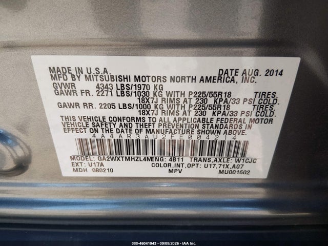 46041043 :رقم المزاد ، 4A4AR3AU2FE004214 vin ، 2015 Mitsubishi Outlander Sport Es مزاد بيع