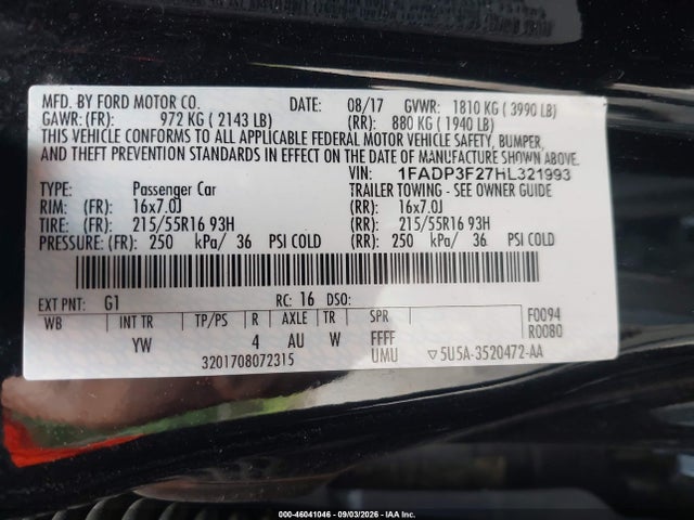 Продажа на аукционе авто 2017 Ford Focus Se, vin: 1FADP3F27HL321993, номер лота: 46041046