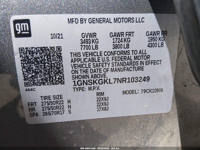 Aukcja sprzedaży 2022 Chevrolet Suburban 4wd High Country, vin: 1GNSKGKL7NR103249, numer aukcji: 46041049