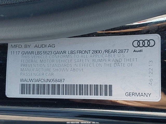 2018 Audi A7 3.0t Premium Plus მანქანა იყიდება აუქციონზე, vin: WAUW3AFC9JN058487, აუქციონის ნომერი: 46041086