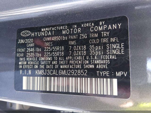 Aukcja sprzedaży 2021 Hyundai Tucson Limited, vin: KM8J3CAL6MU292852, numer aukcji: 46041098