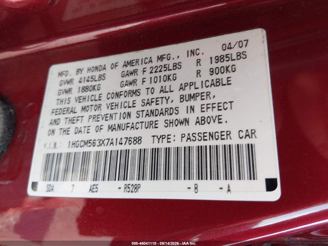 Aukcja sprzedaży 2007 Honda Accord 2.4 Se, vin: 1HGCM563X7A147688, numer aukcji: 46041110