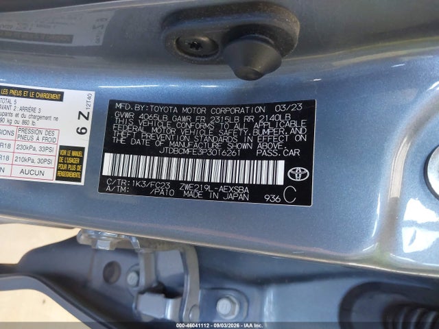 Aukcja sprzedaży 2023 Toyota Corolla Hybrid Se, vin: JTDBCMFE3P3016261, numer aukcji: 46041112