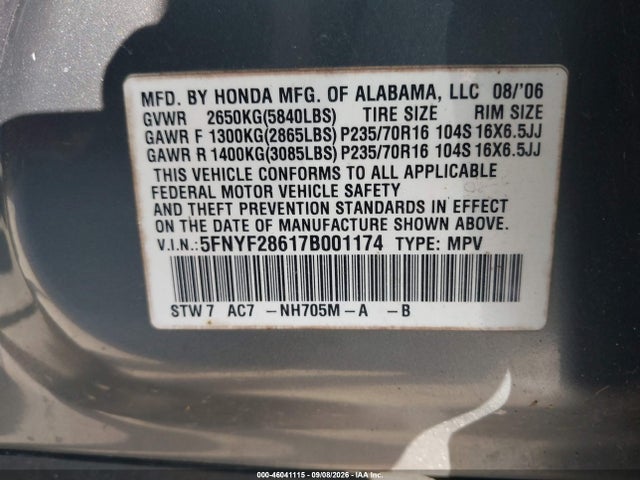 2007 Honda Pilot Ex-l მანქანა იყიდება აუქციონზე, vin: 5FNYF28617B001174, აუქციონის ნომერი: 46041115