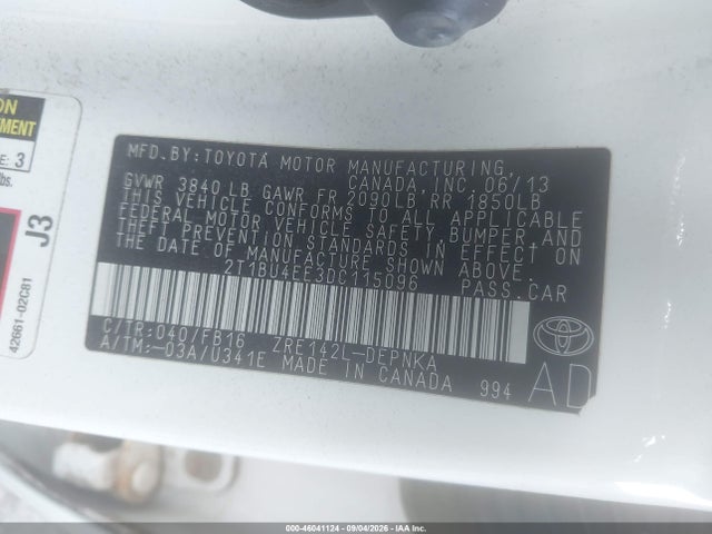 46041124 :رقم المزاد ، 2T1BU4EE3DC115096 vin ، 2013 Toyota Corolla Le مزاد بيع