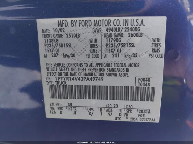 2003 Ford Ranger Edge/tremor/xl/xlt მანქანა იყიდება აუქციონზე, vin: 1FTYR14V43PA49749, აუქციონის ნომერი: 46041135