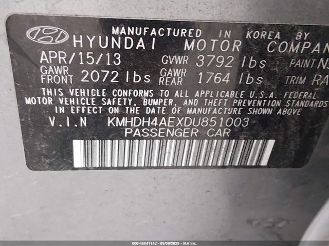 2013 Hyundai Elantra Gls მანქანა იყიდება აუქციონზე, vin: KMHDH4AEXDU851003, აუქციონის ნომერი: 46041142