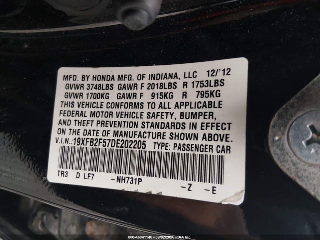 Aukcja sprzedaży 2013 Honda Civic Lx, vin: 19XFB2F57DE202205, numer aukcji: 46041146