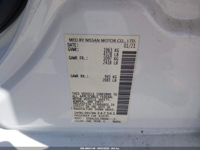 46041149 :رقم المزاد ، 1N4BL4BV2MN347361 vin ، 2021 Nissan Altima S Fwd مزاد بيع