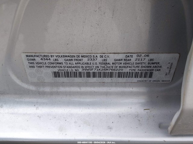 46041155 :رقم المزاد ، 3VWSF71K26M766220 vin ، 2006 Volkswagen Jetta 2.5 مزاد بيع