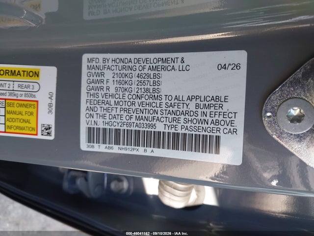 46041162 :رقم المزاد ، 1HGCY2F69TA033995 vin ، 2026 Honda Accord Hybrid Ex-l مزاد بيع