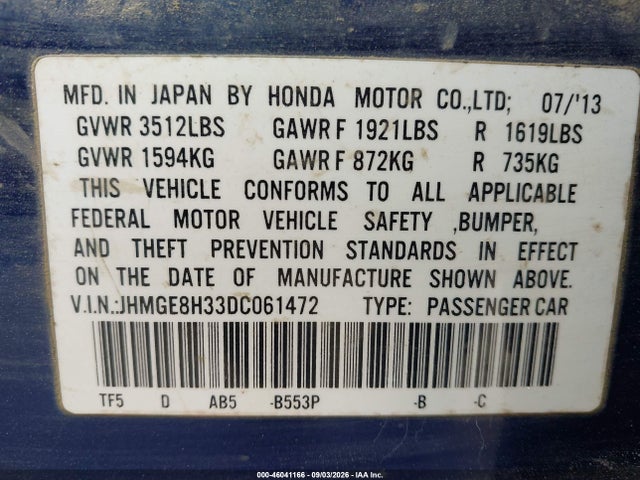 Продаж на аукціоні авто 2013 Honda Fit, vin: JHMGE8H33DC061472, номер лоту: 46041166