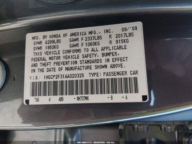 Продажа на аукционе авто 2010 Honda Accord 2.4 Lx, vin: 1HGCP2F31AA020325, номер лота: 46041173