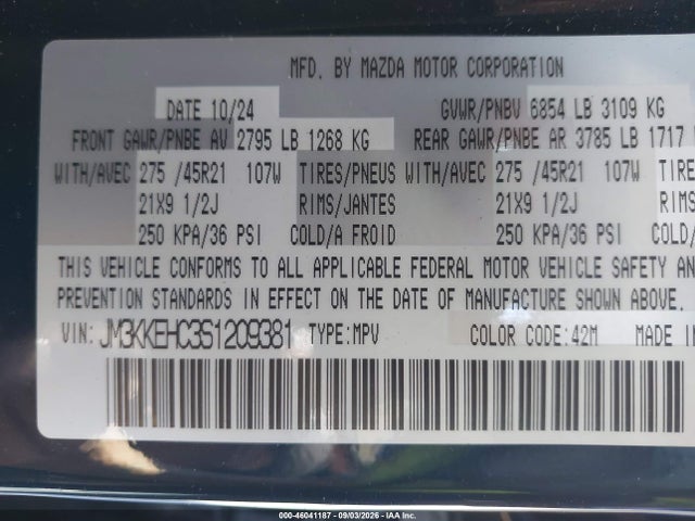 46041187 :رقم المزاد ، JM3KKEHC3S1209381 vin ، 2025 Mazda Cx-90 3.3 Turbo S Premium Plus Package مزاد بيع