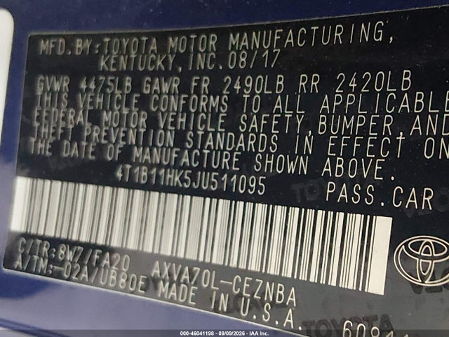 4T1B11HK5JU511095 Toyota CAMRY LE
