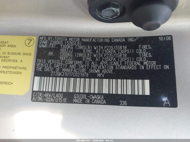 Aukcja sprzedaży 2007 Lexus Rx 350, vin: 2T2GK31U17C021978, numer aukcji: 46041201