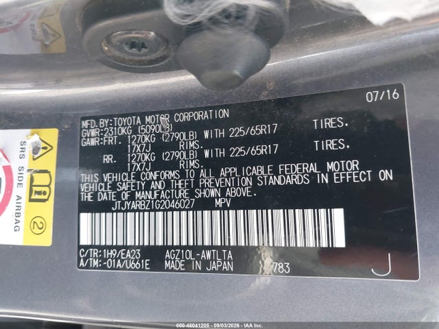 Aukcja sprzedaży 2016 Lexus Nx 200t, vin: JTJYARBZ1G2046027, numer aukcji: 46041205