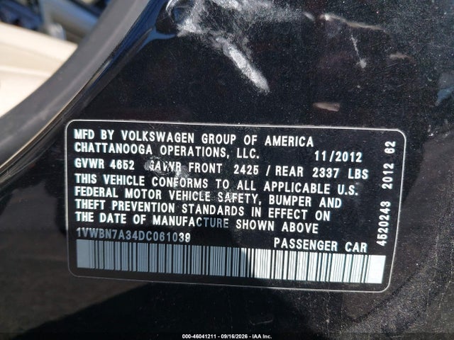46041211 :رقم المزاد ، 1VWBN7A34DC061039 vin ، 2013 Volkswagen Passat 2.0l Tdi Se مزاد بيع