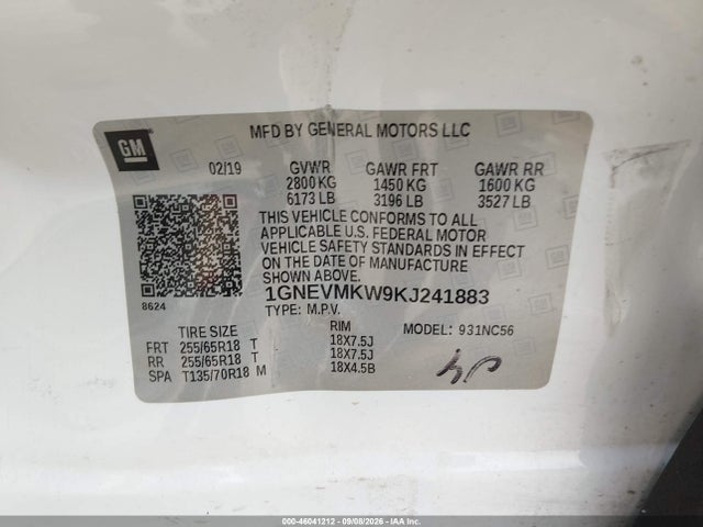 Aukcja sprzedaży 2019 Chevrolet Traverse 2fl, vin: 1GNEVMKW9KJ241883, numer aukcji: 46041212
