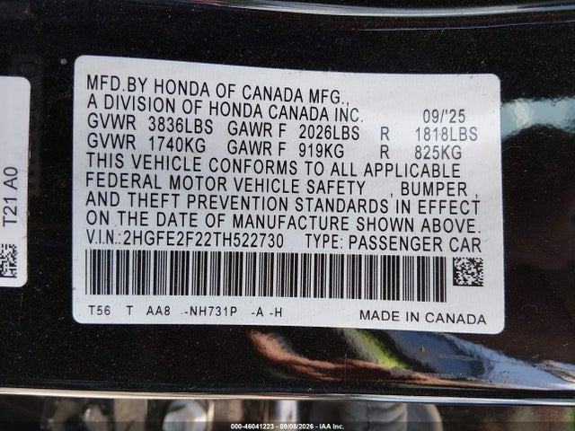 2026 Honda Civic Lx მანქანა იყიდება აუქციონზე, vin: 2HGFE2F22TH522730, აუქციონის ნომერი: 46041223