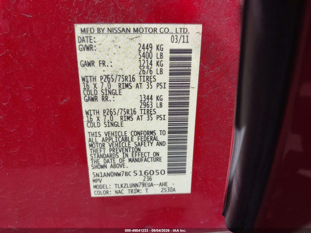 2011 Nissan Xterra Pro-4x მანქანა იყიდება აუქციონზე, vin: 5N1AN0NW7BC516050, აუქციონის ნომერი: 46041233