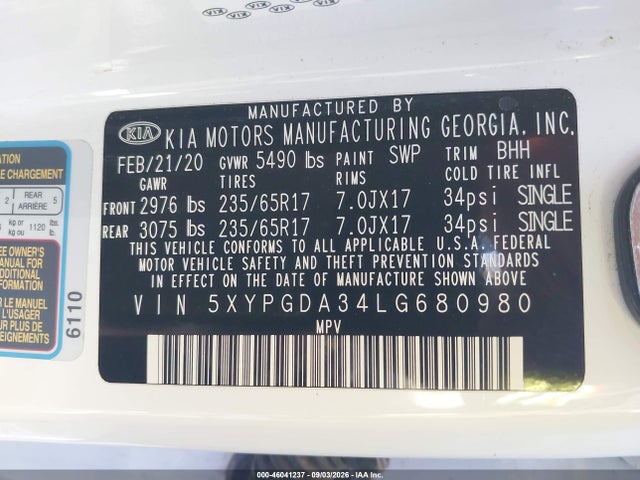 KIA Sorento 2.4l Lx 2020 5XYPGDA34LG680980 Image 9