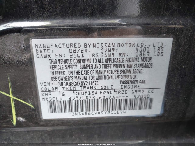 2025 Nissan Sentra Sv მანქანა იყიდება აუქციონზე, vin: 3N1AB8CVXSY211674, აუქციონის ნომერი: 46041240