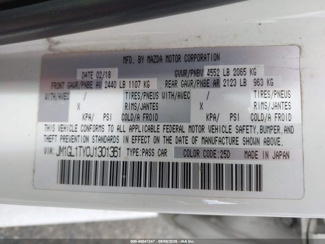 46041247 :رقم المزاد ، JM1GL1TY0J1301361 vin ، 2018 Mazda Mazda6 Grand Touring مزاد بيع