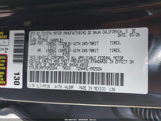 46041253 :رقم المزاد ، 3TMLB5JN9TM252264 vin ، 2026 Toyota Tacoma Sr5 مزاد بيع