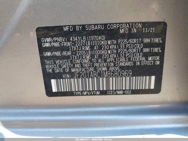 Aukcja sprzedaży 2021 Subaru Crosstrek, vin: JF2GTABC1M8680969, numer aukcji: 46041271