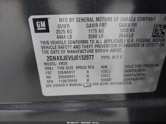 Aukcja sprzedaży 2018 Chevrolet Equinox Lt, vin: 2GNAXJEV9J6132877, numer aukcji: 46041277