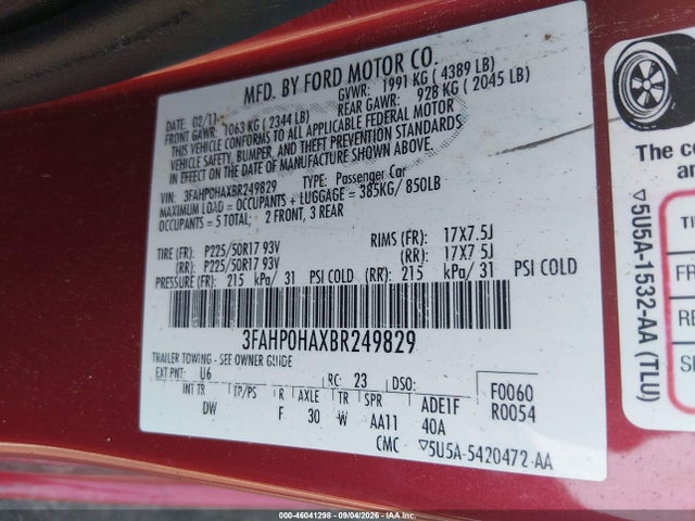 Продаж на аукціоні авто 2011 Ford Fusion Se, vin: 3FAHP0HAXBR249829, номер лоту: 46041298