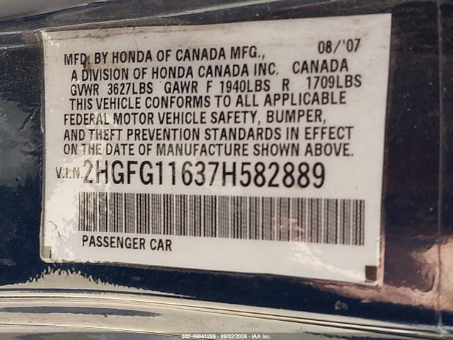 46041299 :رقم المزاد ، 2HGFG11637H582889 vin ، 2007 Honda Civic Lx مزاد بيع