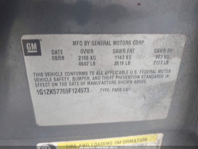46041312 :رقم المزاد ، 1G1ZK57769F124973 vin ، 2009 Chevrolet Malibu Ltz مزاد بيع
