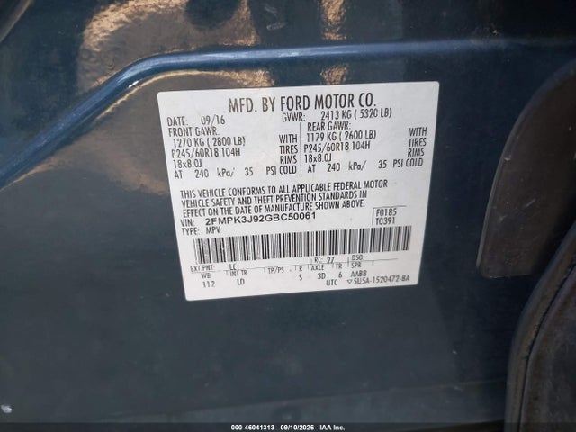 Продажа на аукционе авто 2016 Ford Edge Sel, vin: 2FMPK3J92GBC50061, номер лота: 46041313