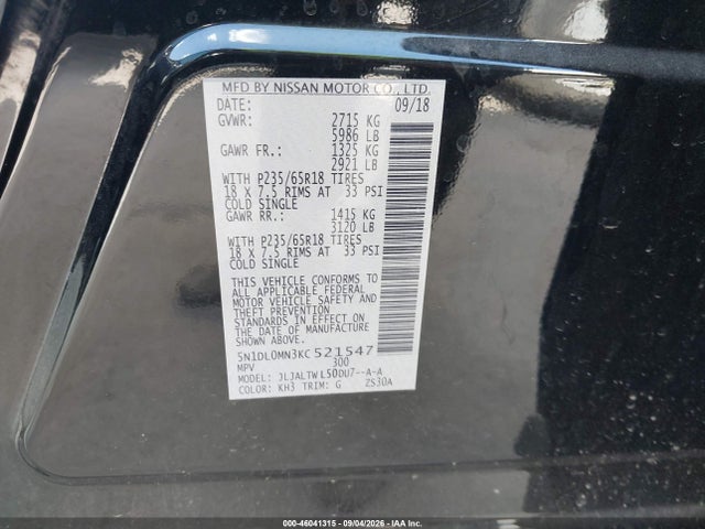 Aukcja sprzedaży 2019 Infiniti Qx60 Luxe, vin: 5N1DL0MN3KC521547, numer aukcji: 46041315