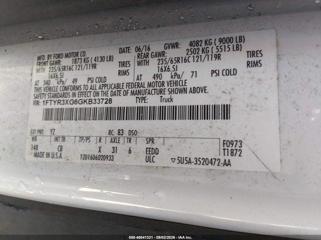 46041321 :رقم المزاد ، 1FTYR3XG6GKB33728 vin ، 2016 Ford Transit-250 مزاد بيع
