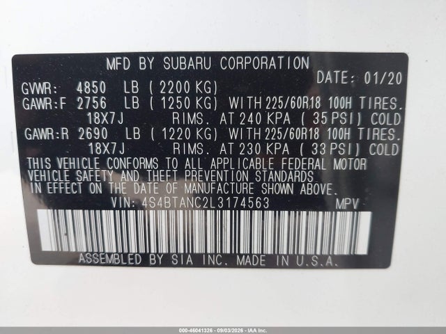 Subaru Outback Limited 2020 4S4BTANC2L3174563 Image 9