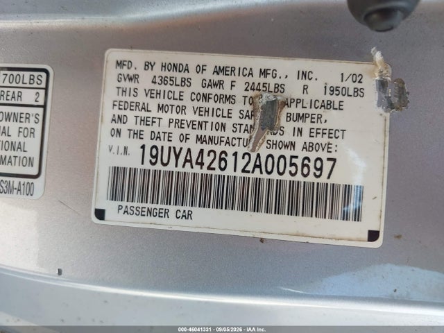 2002 Acura Cl 3.2 Type S მანქანა იყიდება აუქციონზე, vin: 19UYA42612A005697, აუქციონის ნომერი: 46041331