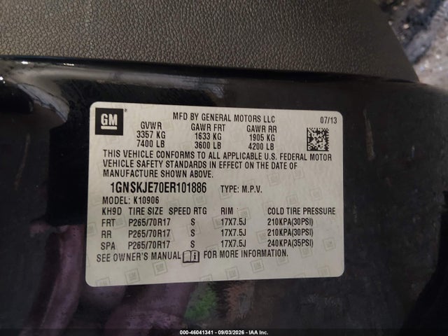 46041341 :رقم المزاد ، 1GNSKJE70ER101886 vin ، 2014 Chevrolet Suburban 1500 Lt مزاد بيع