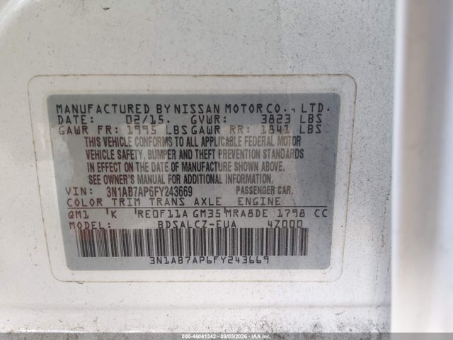 Nissan SENTRA S 2015 3N1AB7AP6FY243669 Image 9
