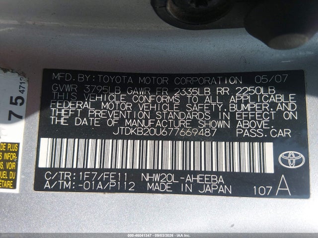 Aukcja sprzedaży 2007 Toyota Prius, vin: JTDKB20U677669487, numer aukcji: 46041347