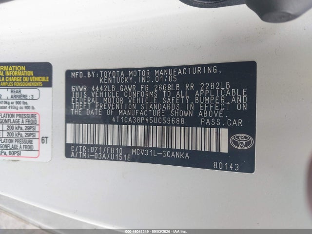 46041349 :رقم المزاد ، 4T1CA38P45U059688 vin ، 2005 Toyota Camry Solara Se V6 مزاد بيع