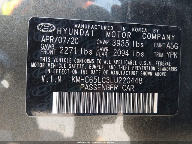 Aukcja sprzedaży 2020 Hyundai Ioniq Hybrid Blue, vin: KMHC65LC3LU220448, numer aukcji: 46041352