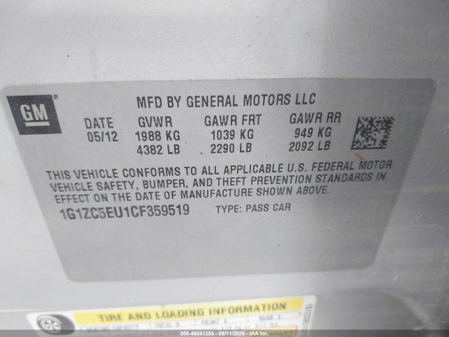 46041355 :رقم المزاد ، 1G1ZC5EU1CF359519 vin ، 2012 Chevrolet Malibu 1lt مزاد بيع